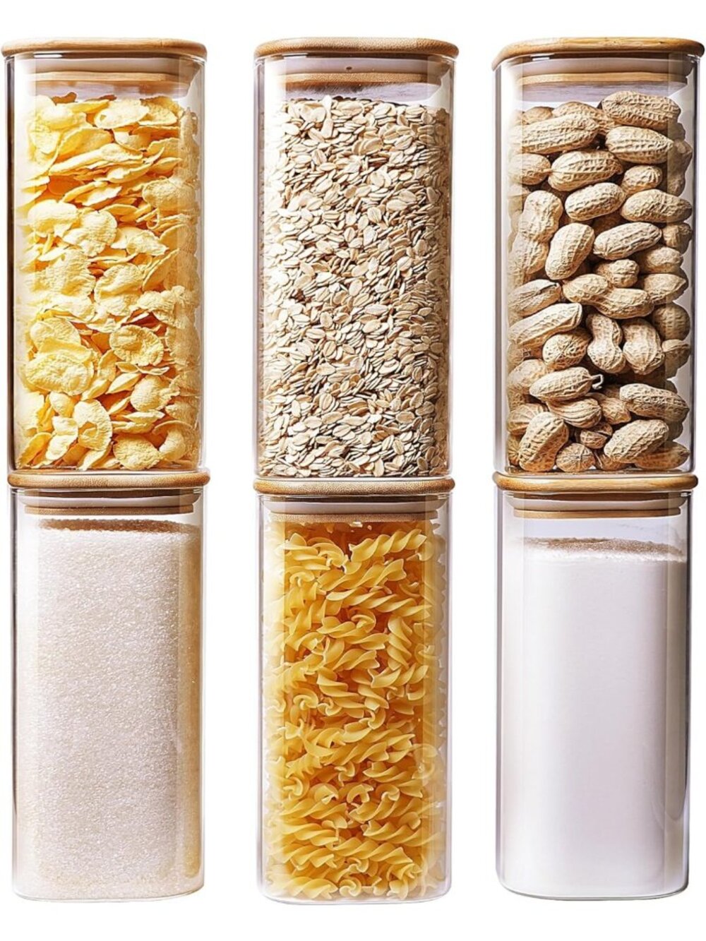 Set of 6 Square Glass Jars with Bamboo Lids - Airtight Food Storage Canisters